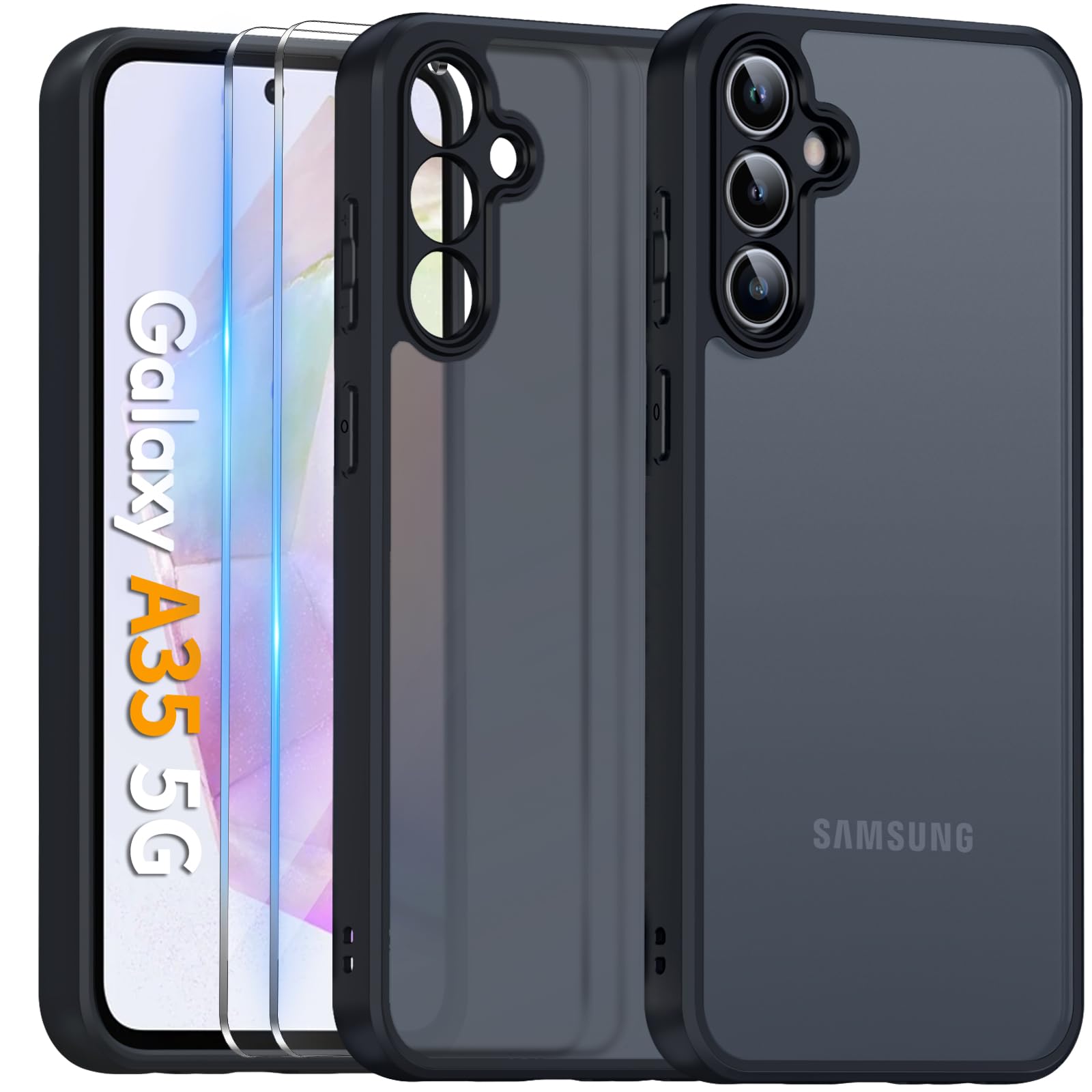 COPIKE Cover Opaca per Samsung Galaxy A35 5G e Protezione Fotocamera con 2 Pezzi Vetro Temperato, [Antiurto Grado Militare] Custodia Posteriore Glassata Traslucida Anti-Impronte, Nero