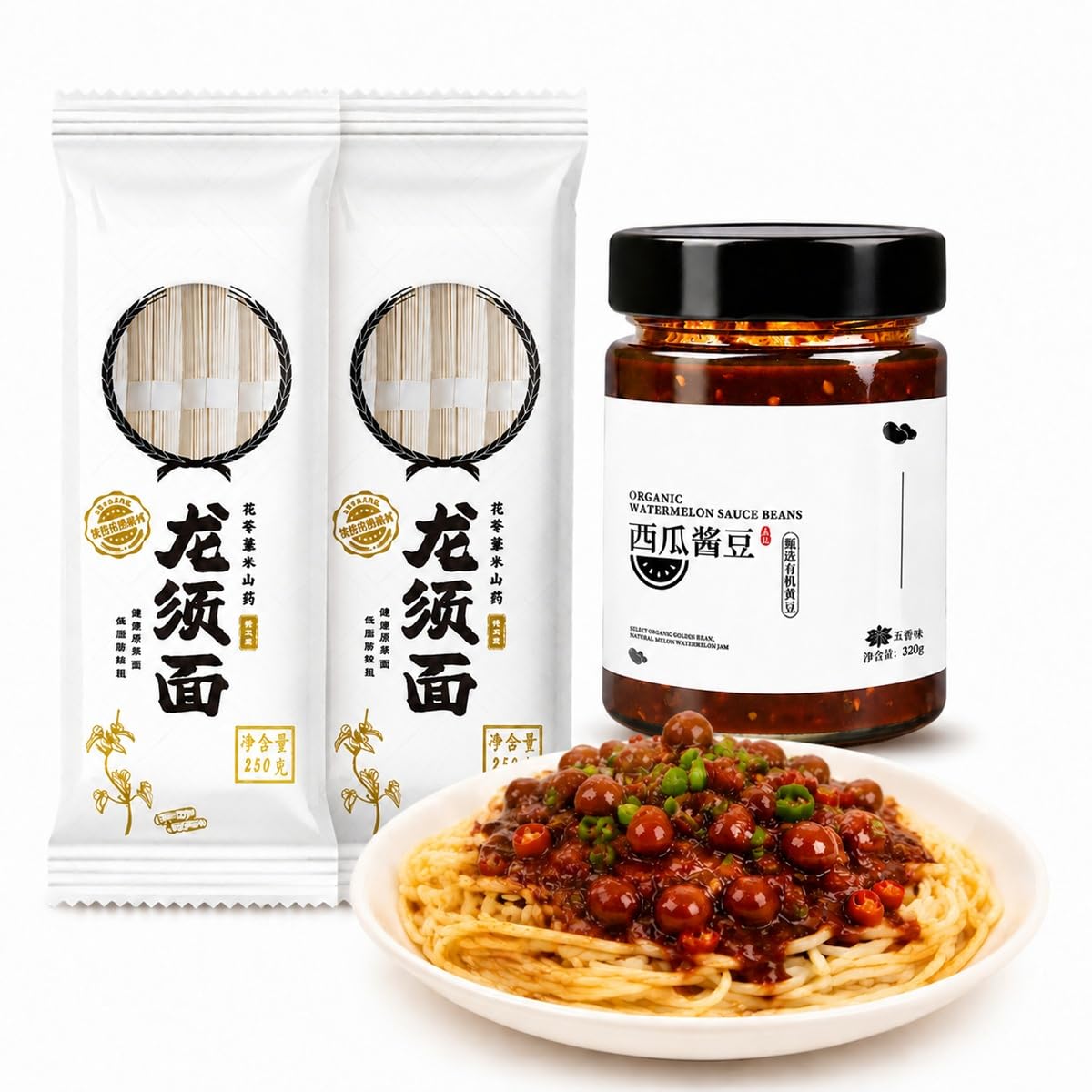Kit De Fideos Asiáticos 570g (Fideos 250g + Salsa De Soja Con Judías 320g) | Fideos Chinos Tradicionales Con Salsa | Cocina Asiática Fácil Y Rápida(2pcs)