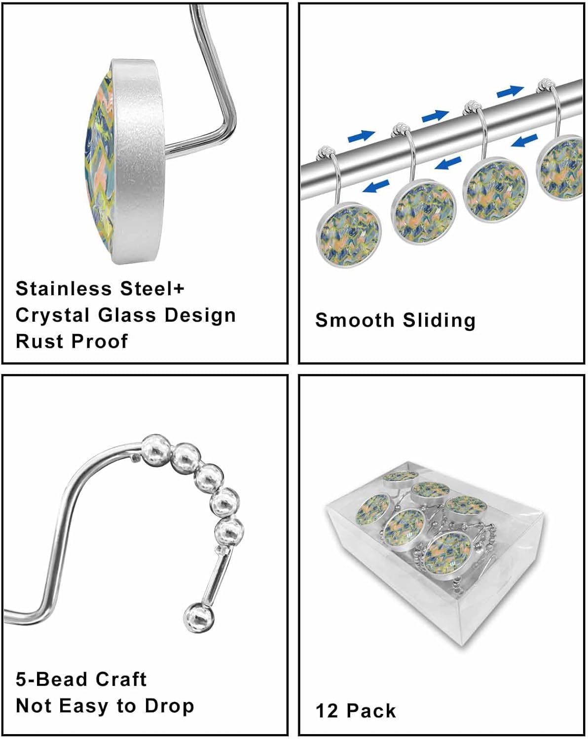 Shower Curtain Hooks 12 Pcs, Abstract Modern Art Vintage Retro Marble Stainless Steel Rust Proof Rolling Shower Curtain Rings, Decorative Shower Curtain Hooks Hangers for Bathroom