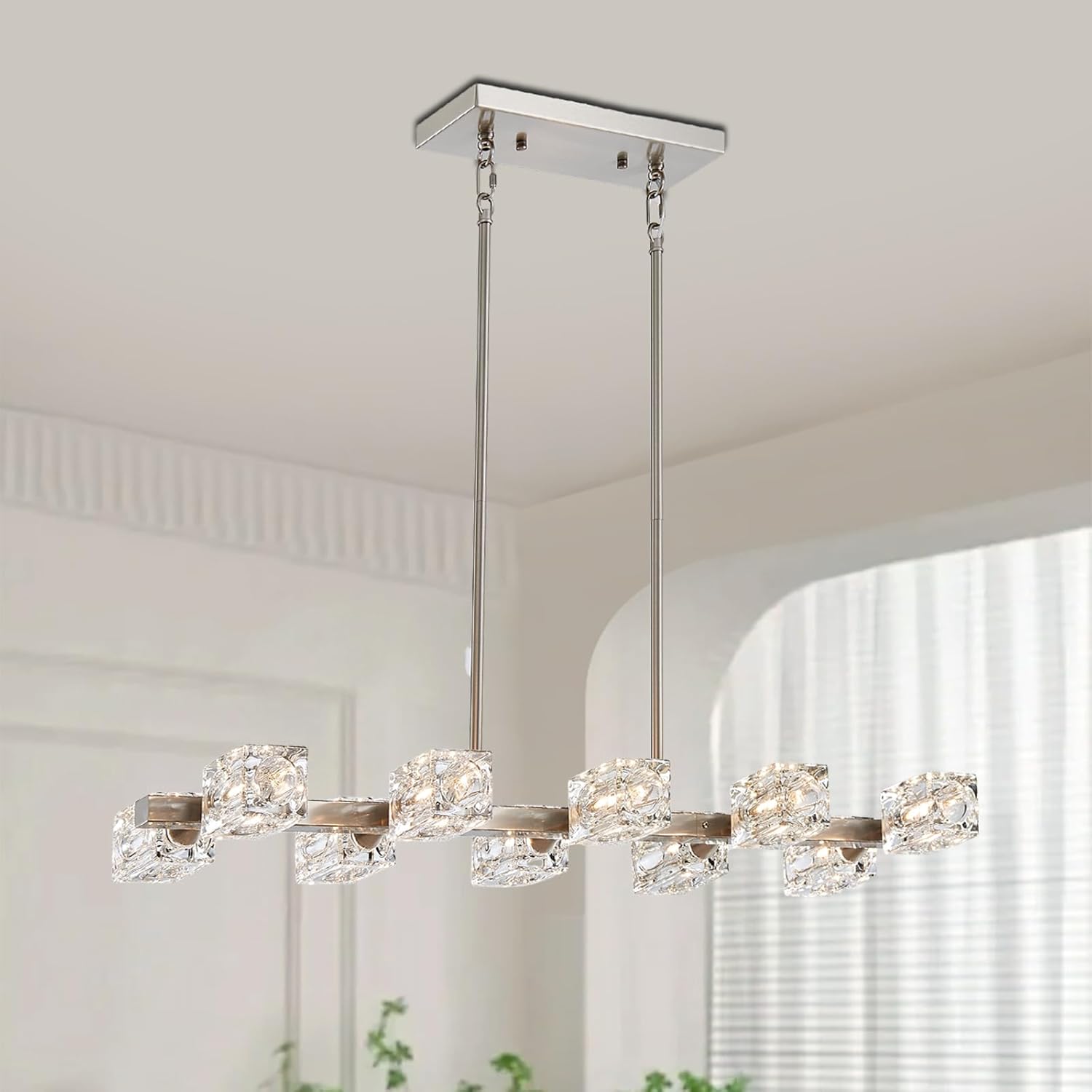 XINGQI Rectangular Chandeliers for Dining Room, Modern 10 Lights Brushed Nickel Kitchen Island Light Fixture with Glass Lampshade Sputnik Chandeliers for Living Room 10 Light-Brushed Nickel