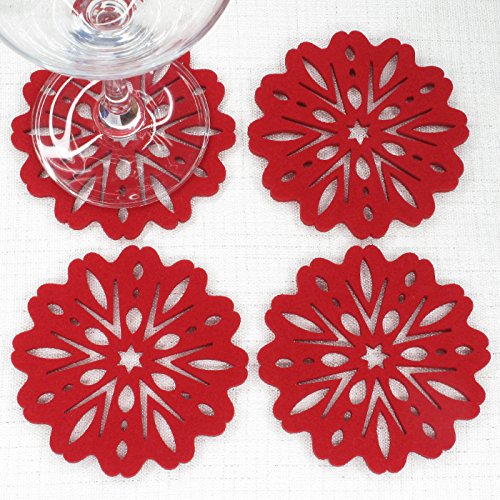Floral Snowflakes Felt Coasters, Set of 4 (RED)