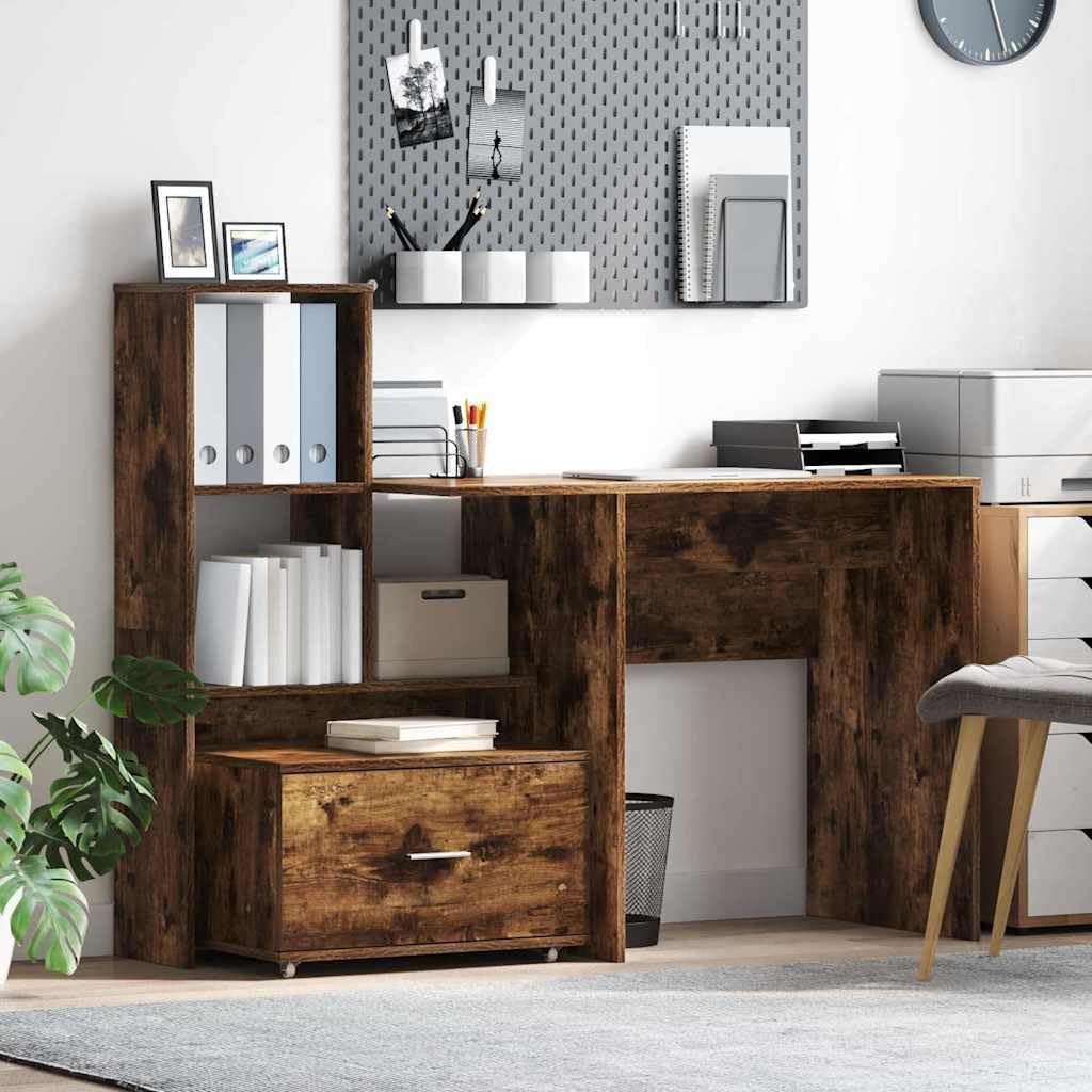 Scrivania affumicatura 131,5 x 50 x 106,5 cm, materiale in legno, moderno, con ripiano regolabile, cassetto, ideale per casa, ufficio, gioco, scrittura, molto spazio