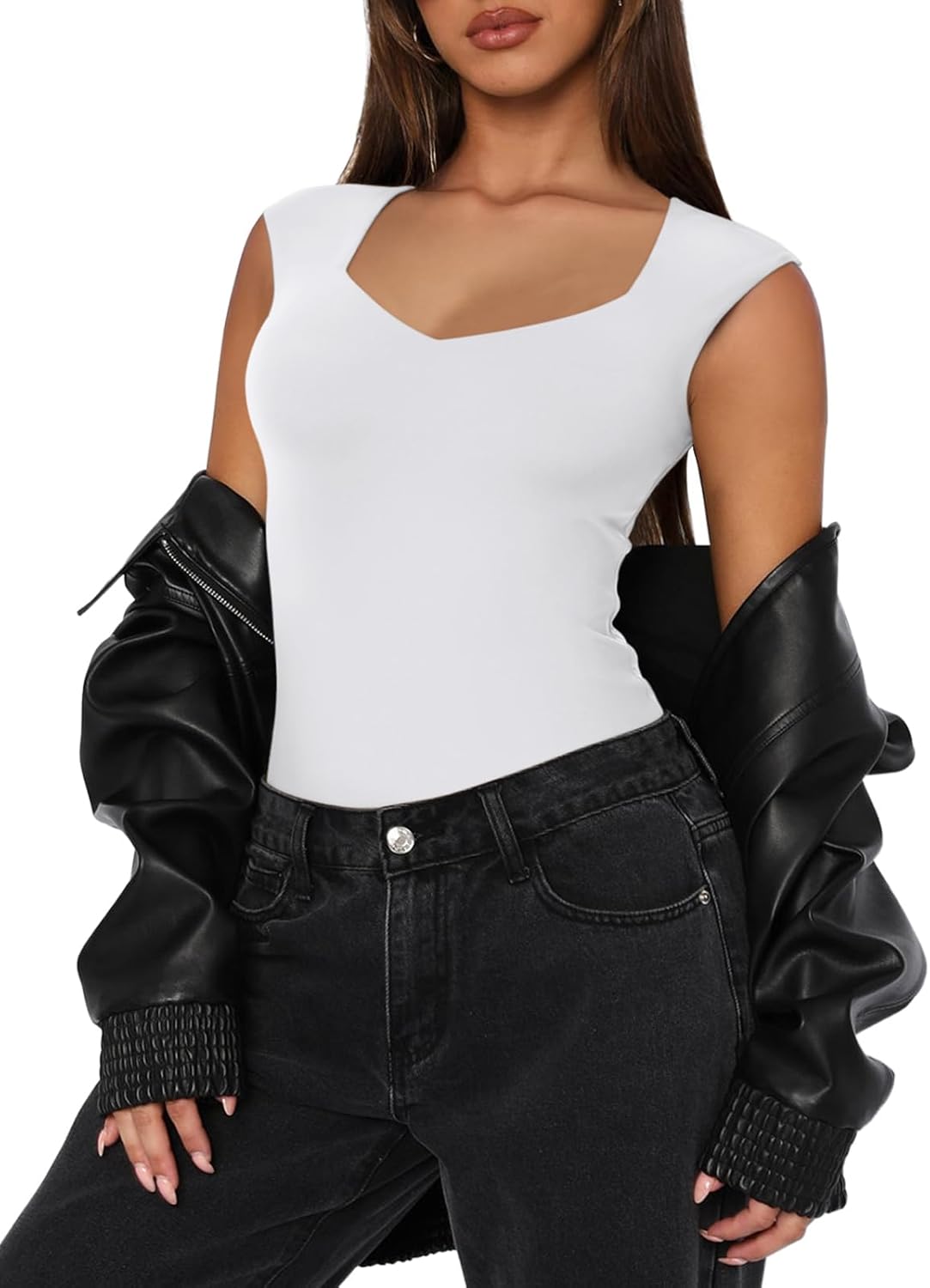 REORIA Butsmooth® Women's Trendy Sexy Casual V Neck Double Lined Sleeveless Slimming Going Out Tank Top Bodysuits - Image 5