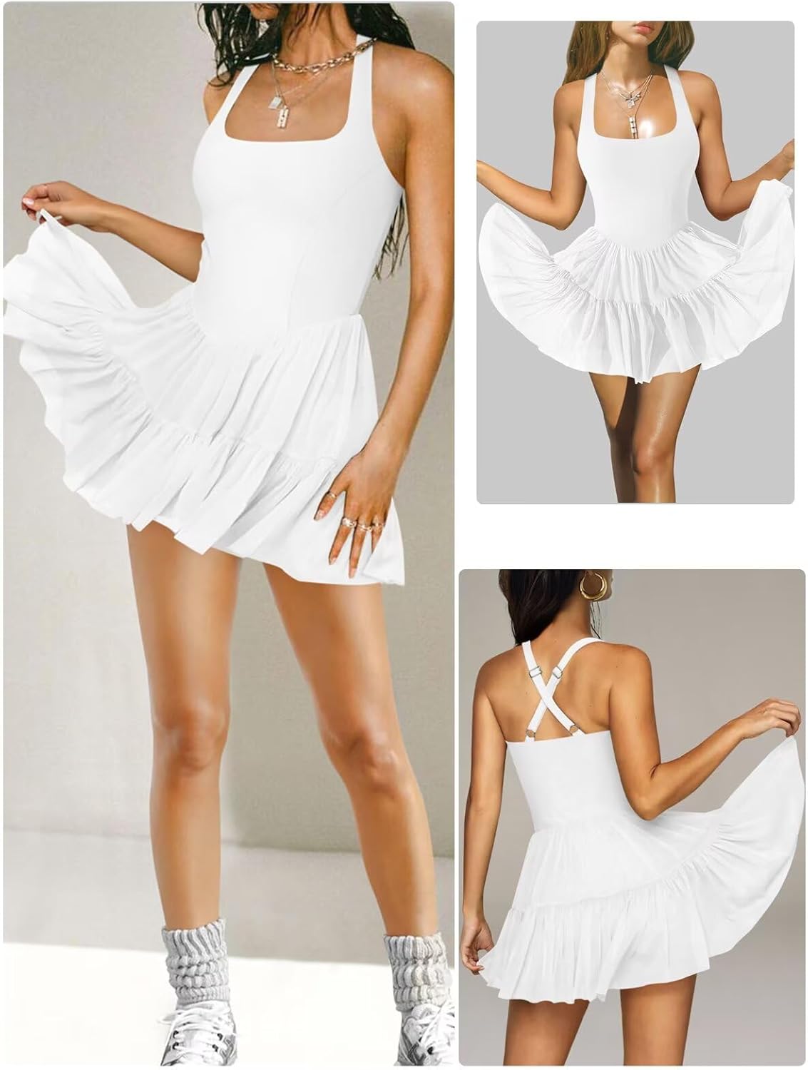 Jinsha Womens Tennis Dress Cute 2-in-1 Athletic Dresses Halter Neck Golf Workout Dress with Built-in Bra & Shorts Pockets - Image 2