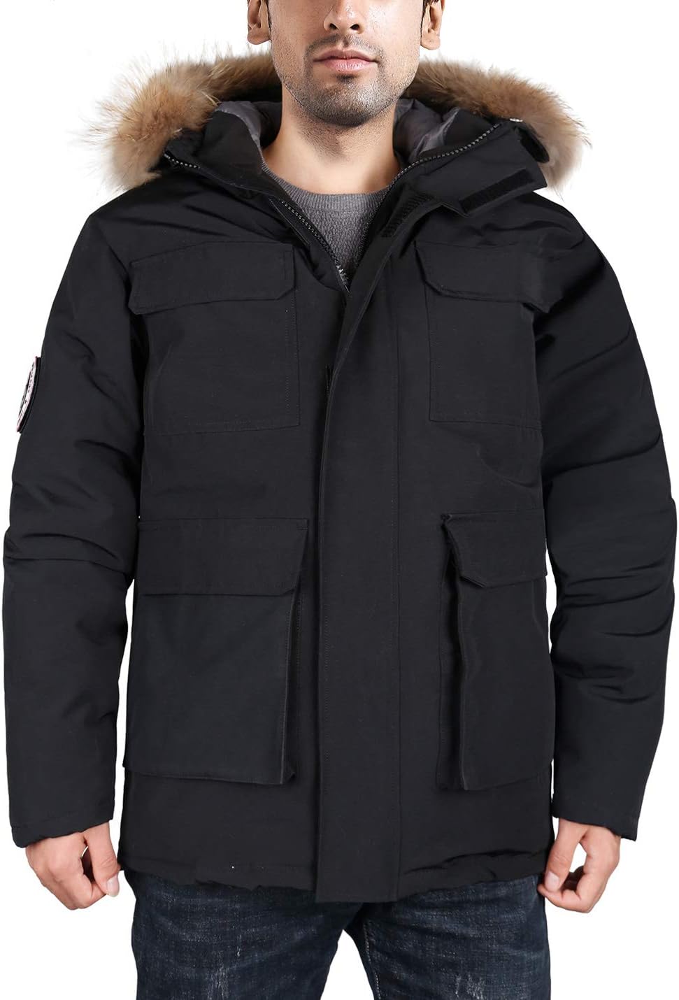 Men's Goose Down Parka Extreme Warm Winter Jacket with Real Fur Hood Short/Long