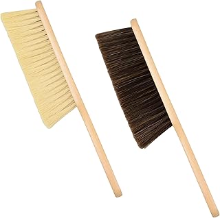 2 Pieces Woooden Dust Brush Hand Broom Bench Brush with Long Wood Handle Whisk Broom Soft Bristle Brush for Counter Bed Sofa Car Fireplace Clothes Household Cleaning (Brown,Beige)