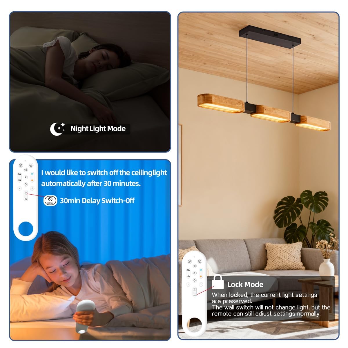 Lampadario da cucina moderno in legno, 90 cm, lampada a LED per sala da pranzo e isola cucina, dimmerabile 3000 K-6500 K, con telecomando e funzione memoria