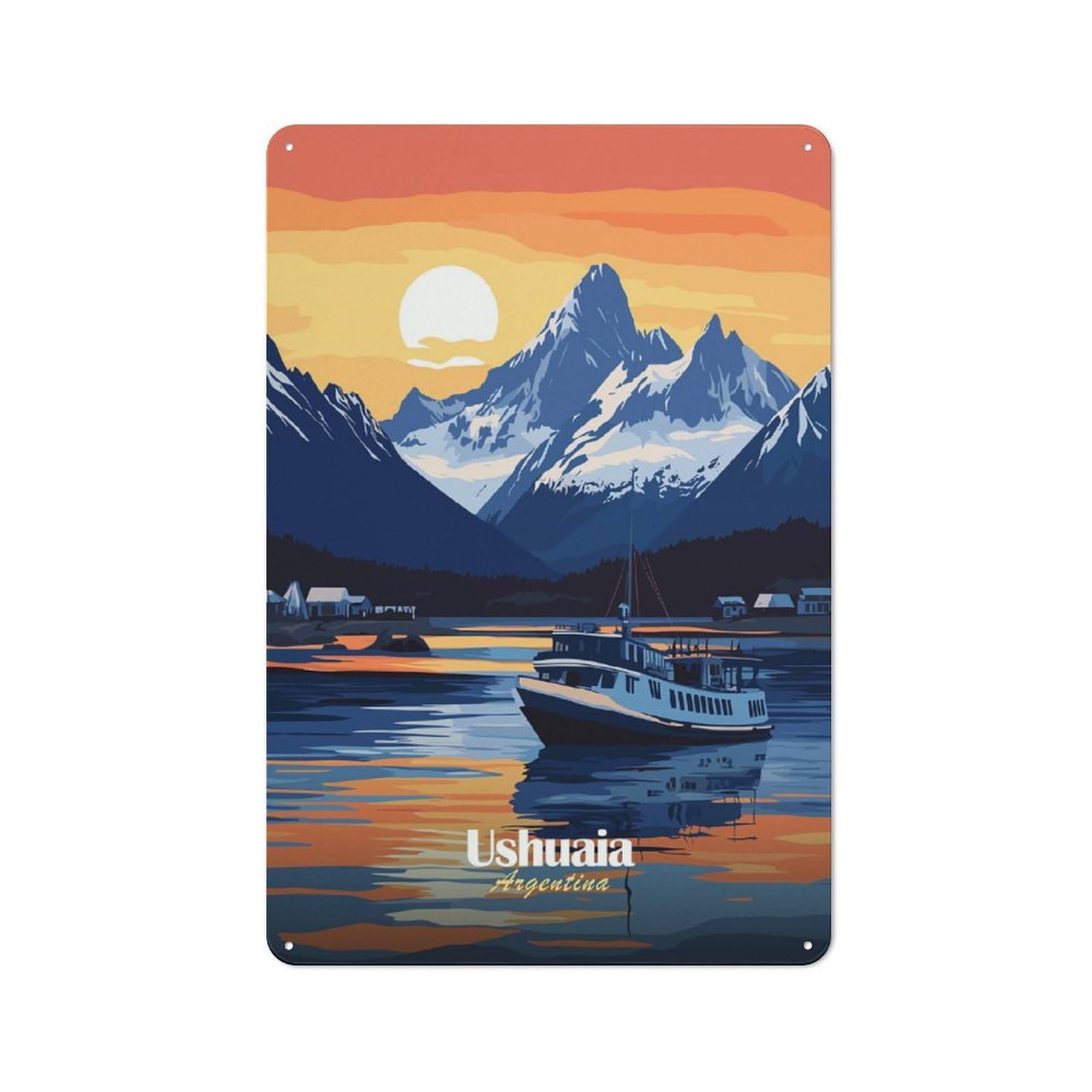 Junmoney Style-2 Character Decorative Tin Plaque 30X20cm Featuring Ushuaia Argentina Sunset, Home Wall Decor For Flat, Dorm Room, Lounge Or Cafe