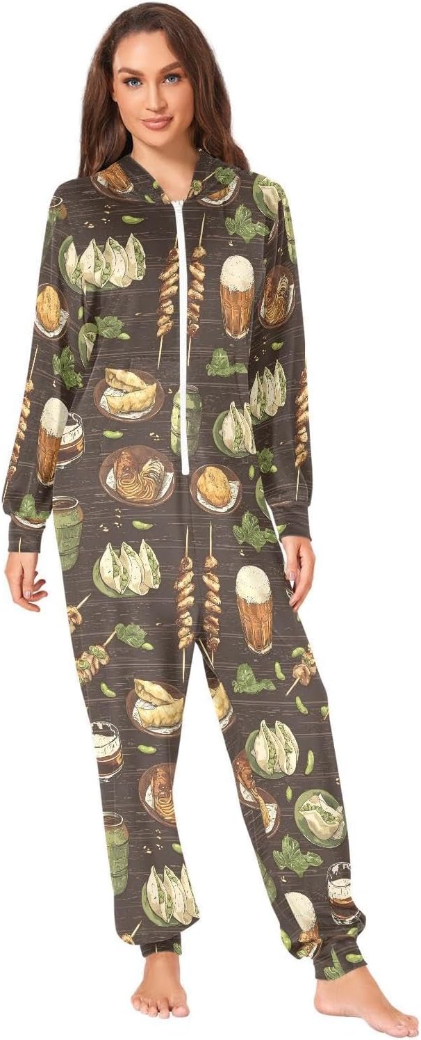 ZZKKO Barbecue Beer Rustic Grain Adult Onesie Pajamas for Women Men Cozy One Piece Pajamas Costume Zip-Up Hooded S-XL