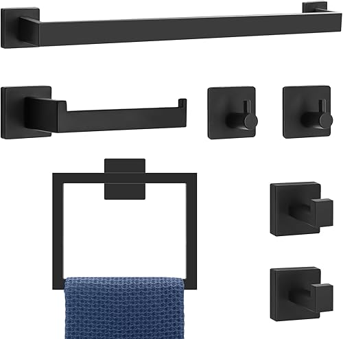 Juego de accesorios de baño negro mate de 7 piezas, juego de accesorios de baño de color negro, juego de accesorios de baño de barra cuadrada para