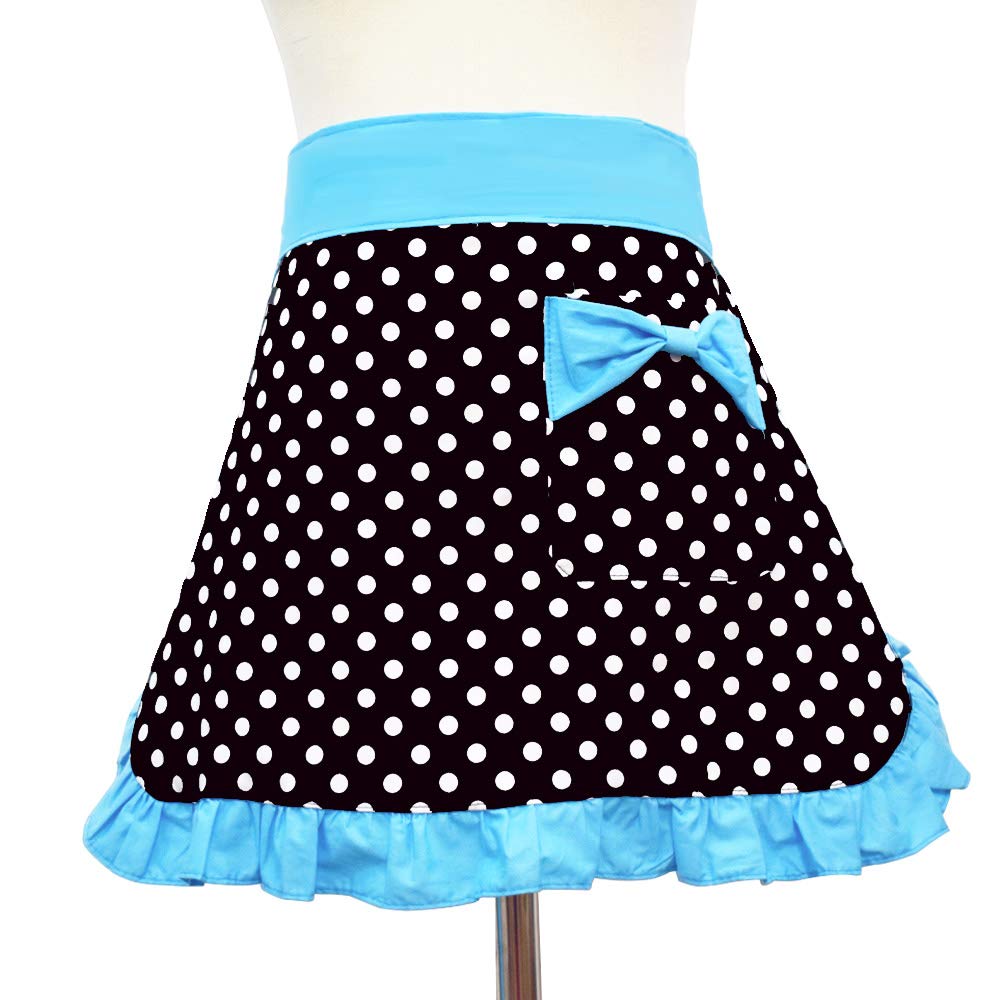 Black Sexy Polka Dot Ruffle Side Cotton Kitchen Cooking Waist Waitress Server Half Aprons with Pocket Women Girl
