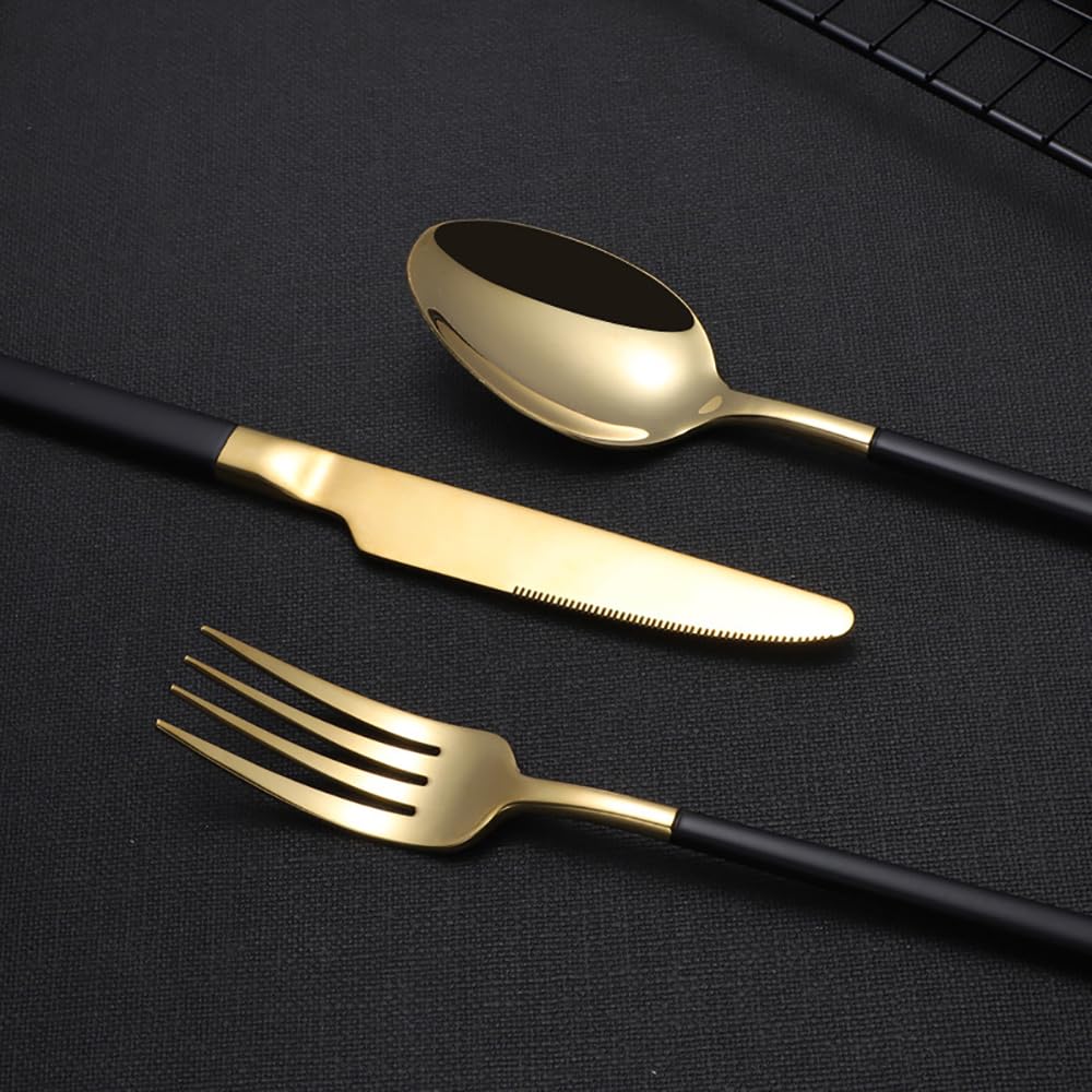 48-teiliges Besteck Set für 12 Personen, Schwarz & Gold Design - Besteckt aus Hochwertigem 18/8 Edelstahl, Hochglanzpoliert & Langlebig - Luxuriöses Besteckset für Feste und Feiern