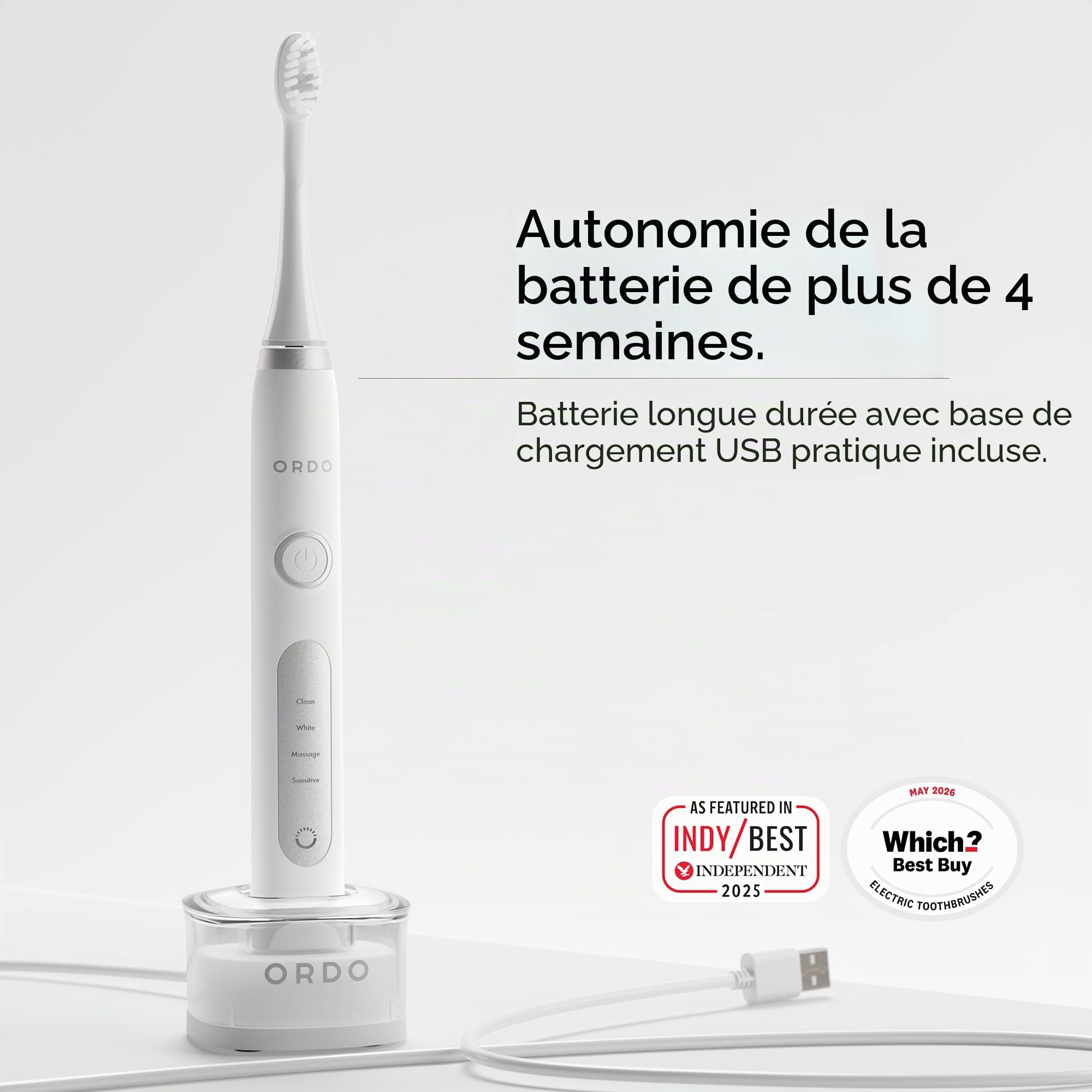 Brosse à Dents Electrique Ordo Sonic Technologie Intelligente Avancée Avec 4 Modes de Brossage Batterie Rechargeable Avec et Élément de Polissage en Silicone Chargeur USB Pour Adultes Blanc/Argent