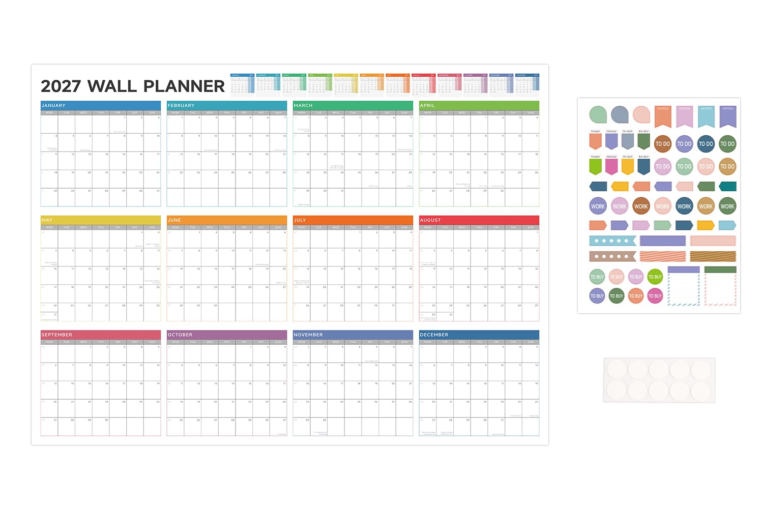 Wall Planner 2027 Yearly Wall Calendar UK Holidays A2 with Planning Stickers, January to December 2027, Full Year to View - Non-laminated, Ideal for Office, Home, School (22.4" x 16.5")