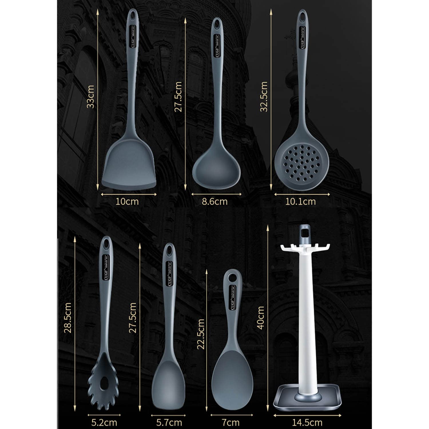 Set di Utensili da Cucina in Morbido Silicone 7 Pezzi Antibatterico Anti-Aderente Resistente al Calore con Spatola Scrematrice Pasta Server Supporto Girevole