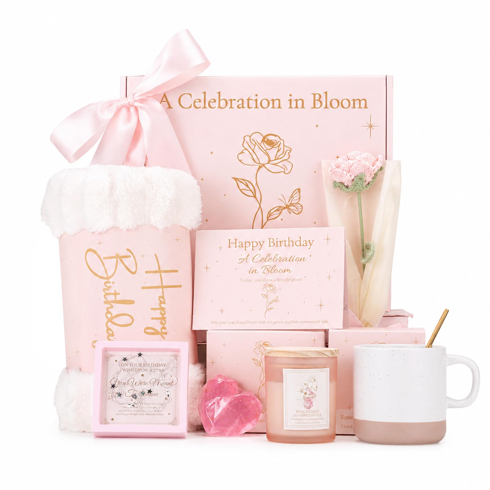 Candeldo Cesta de regalo de cumpleaños para mujer: caja de regalo de feliz cumpleaños, ideas para mejores amigas, regalo único rosa para el cuidado personal para la mujer, mamá, hermana que merece un