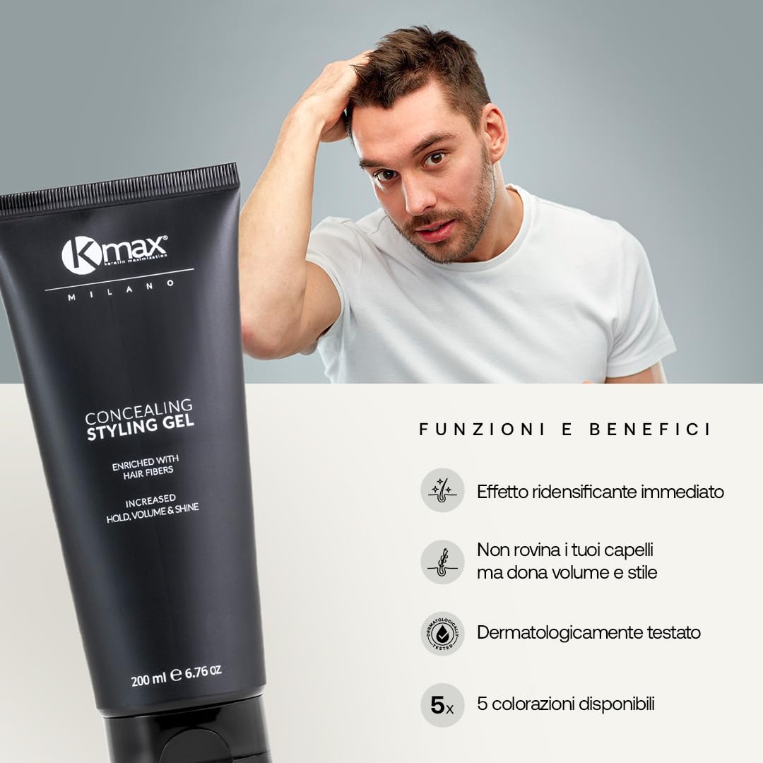 Kmax Gel capelli con fibre di cheratina effetto volumizzante 200ml, Gel colorato per capelli diradati, Gel per capelli Uomo e Donna - Castano Medio