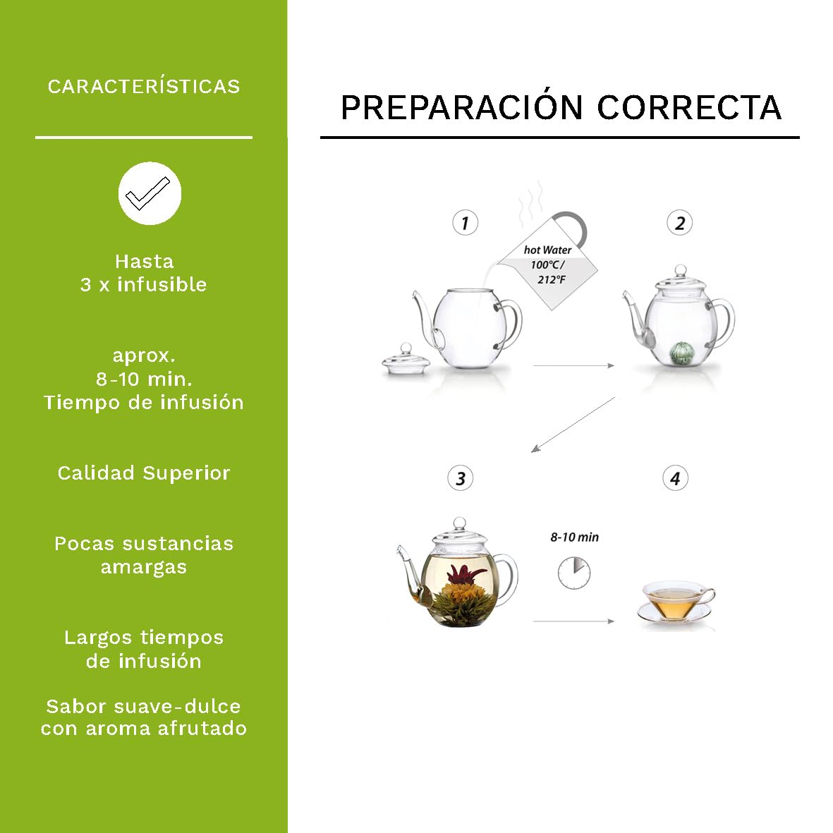 Creano Flores de Té Verde 6 uds Caja de Madera Corazón 6 Variedades Té Verde Aromatizado Regalo