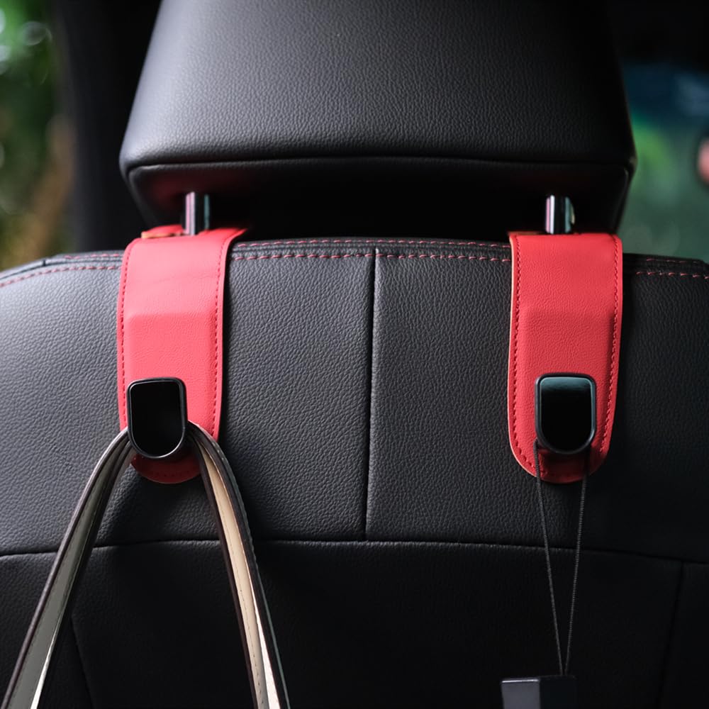 Qirc Leder Auto Organizer Tasche Mit Rücksitz Kopfstütze Haken - 2 Stück Universal Aufhänger für Handtasche, Einkaufstaschen (Rot)
