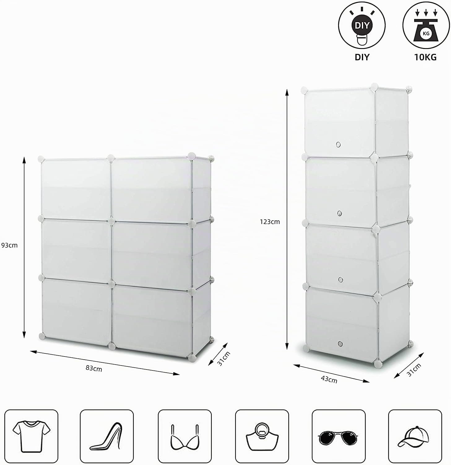 Mondeer Schuhschrank, Schuhregal, Schuhregal, Schuhaufbewahrung, Kunststoff, faltbar, mit 6 Ebenen, modularer Schuh-Organizer für platzsparende Aufbewahrung (weiß)