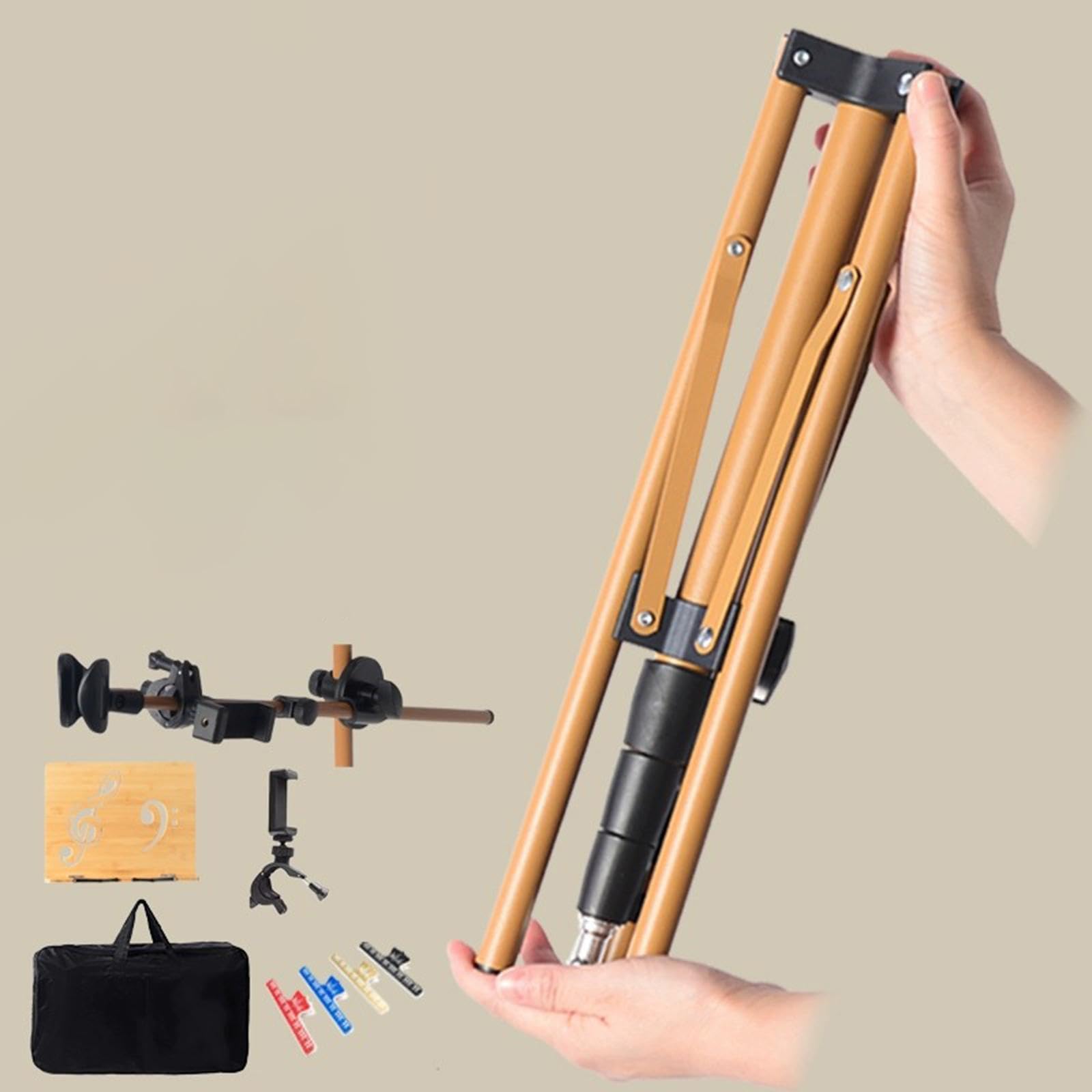 Generic Atril de Música de Madera Plegable con Soporte Ajustable de Altura Y Ángulo Resistente para Partituras Adecuado para Músicos Profesionales Y, con Clip para Teléfono con Bandeja