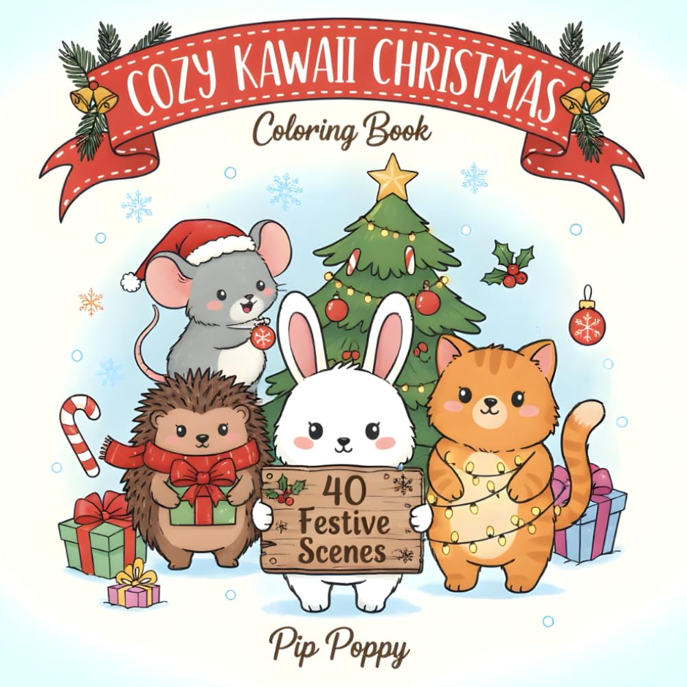 Cozy Kawaii Christmas Coloring Book: 40 Cute & Relaxing Holiday Scenes for Kids, Teens & Adults