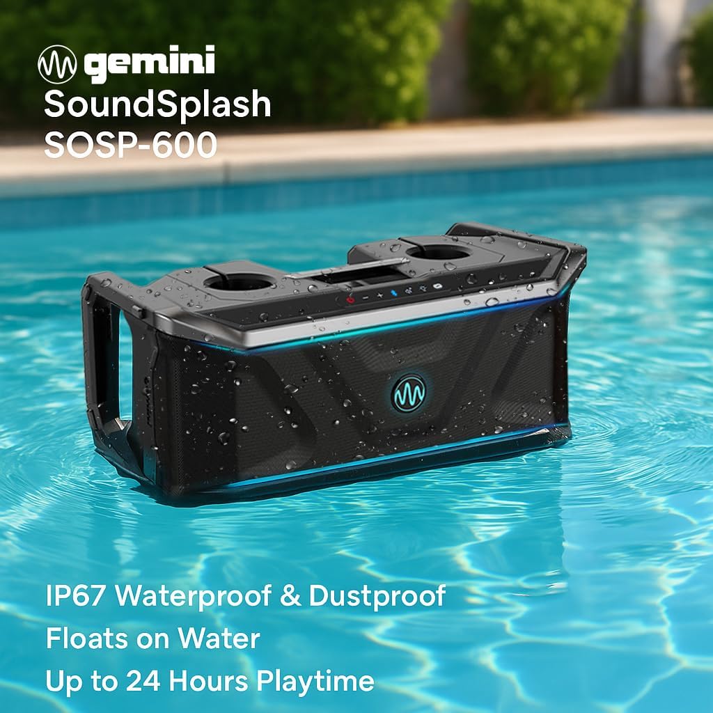 Gemini SoundSplash SOSP-600 speaker floating in a swimming pool, with text indicating IP67 waterproof & dustproof, floats on water, and up to 24 hours playtime.