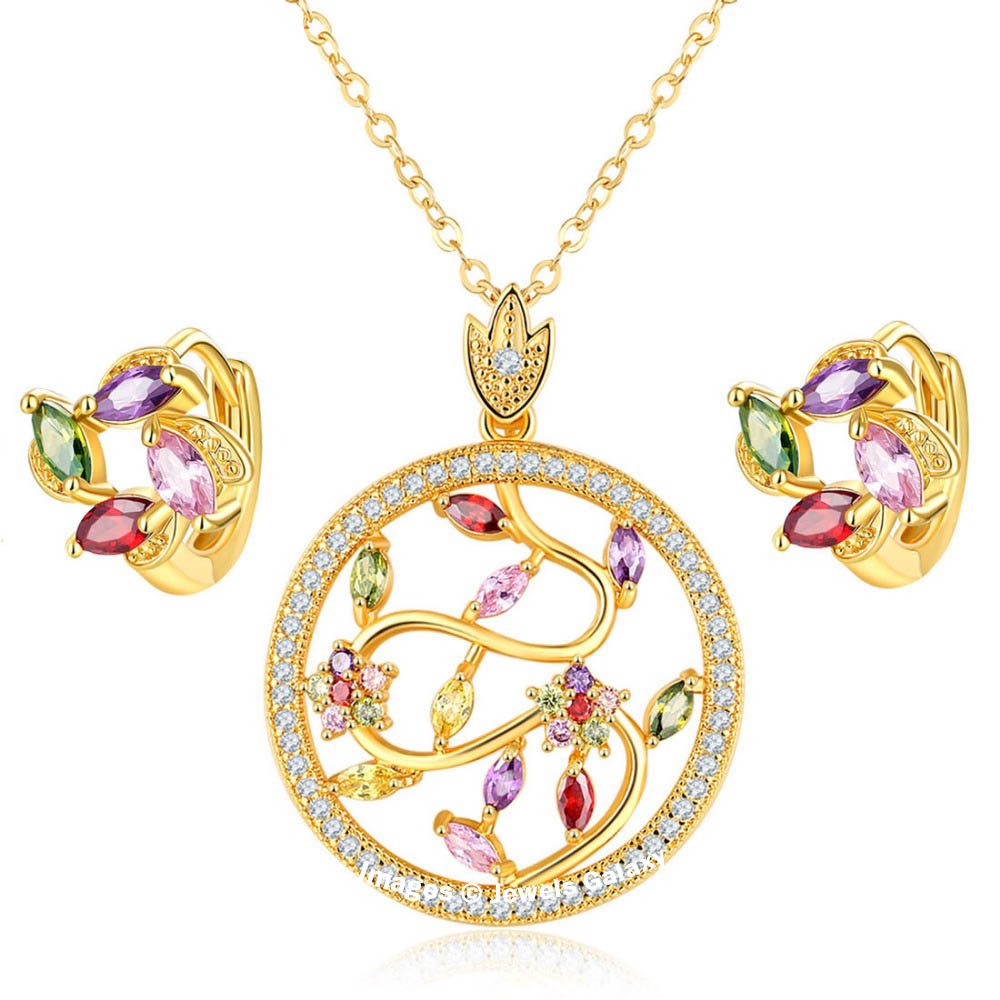 Jewels GalaxyLimited Edition Sparkling Floral Design 18K Rose Gold Plated Multicolor Pendant Set Jewellery For Women & Girls (SMNJG-CB-MIX-4043)