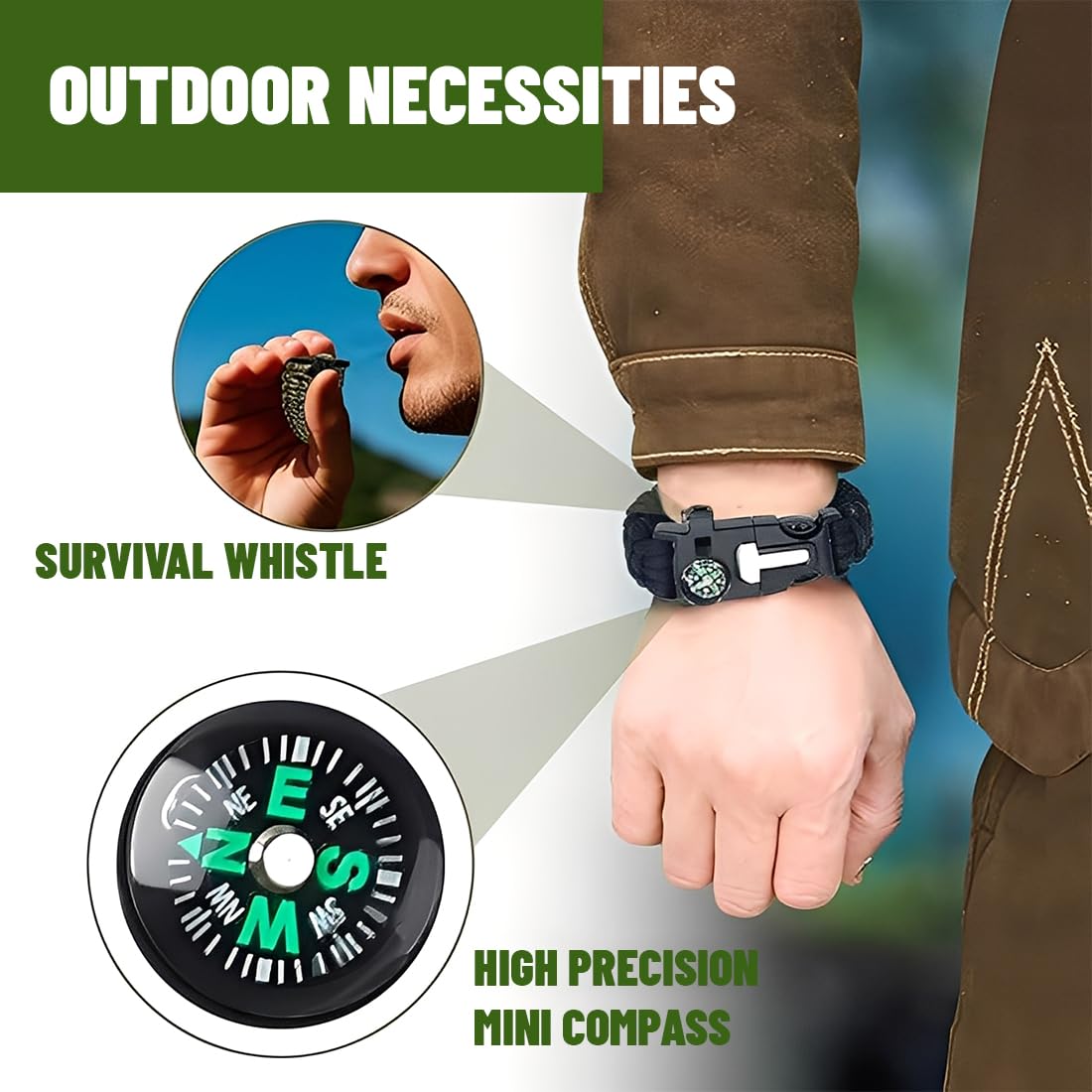 3pcs Pulsera de Supervivencia,Multifuncional Pulsera,Con Flint Brújula Silbato,Adecuado para Senderismo,Acampada,Montañismo y Actividades al Aire Libre