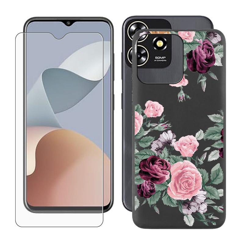 IJTYHF Cover for ZTE Blade A73 (6.52 inch) Case + Screen Protector?Tempered Glass 9H Hardness Protective Film and Soft Silicone Bumper Shell Black TPU Phone case -Pink. red Rose