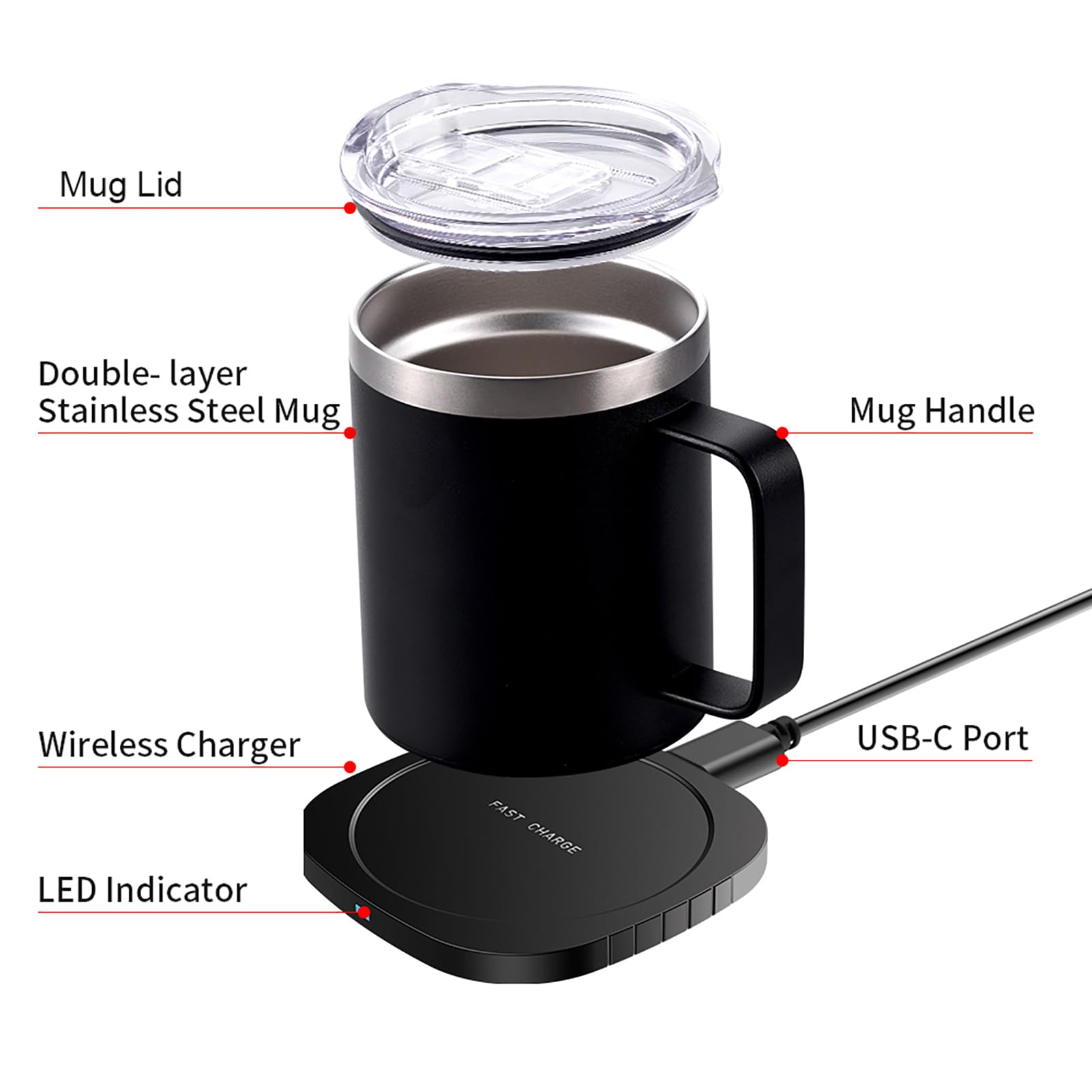 HUIOP calentador de tazas,Calentador de tazas de café 2 en 1 y cargador inalámbrico con taza y tapa 131.0 °F/131 ℉ Temperatura constante inteligente 10.5 oz Calentador de tazas de bebidas de acero ino