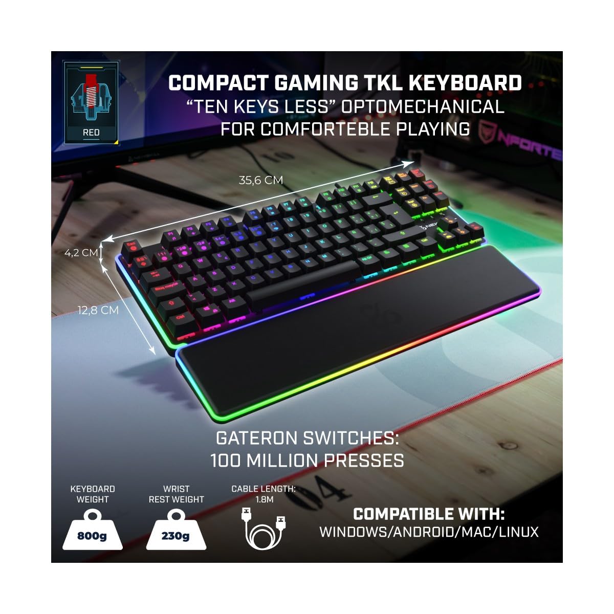NEWSKILL Gungnyr TKL Pro Teclado Gaming optomecánico RGB tenkeyless Gateron Red hotswap Negro