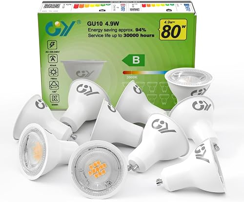 GY 4.9W Bombilla GU10 LED 3000K Blanco Cálido 780LM (Equivalente a 80W), No Regulable, 110 Grados Ángulo de haz - Bombilla Bajo Consumo Clase B, No Parpadean Bombillas LED GU10 Pack de 10