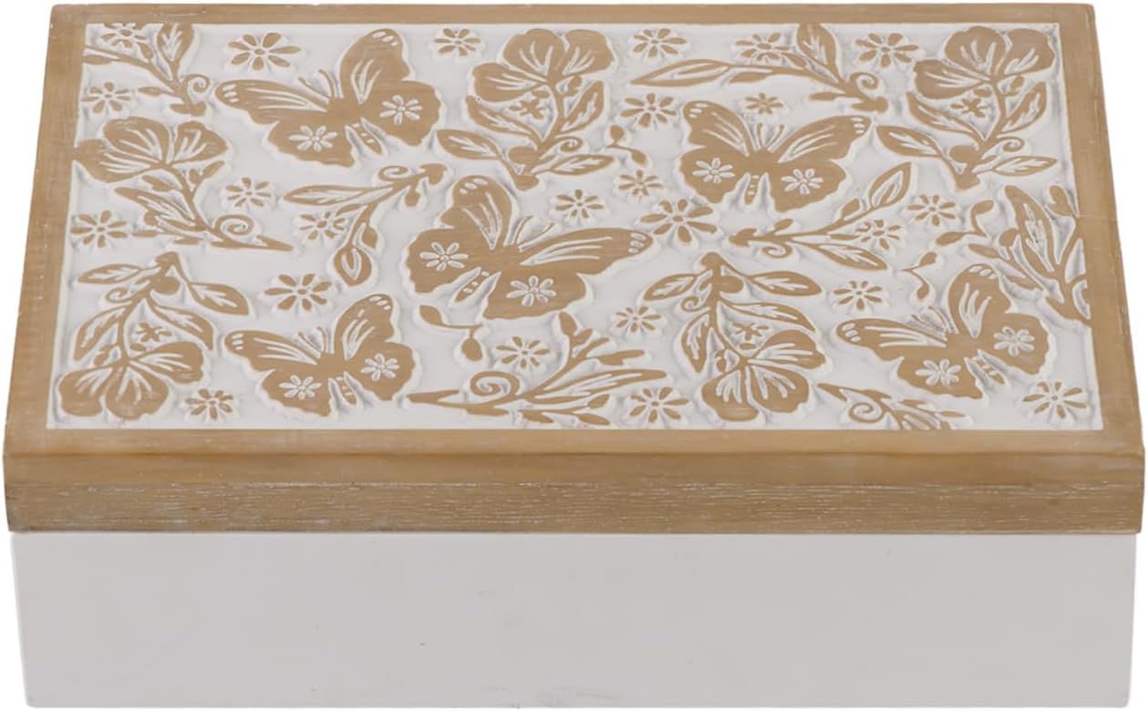 Wooden Keepsake Box - Decorative Wood Boxes with Hinged Lid, Butterfly Engraved Design, 10.24" W