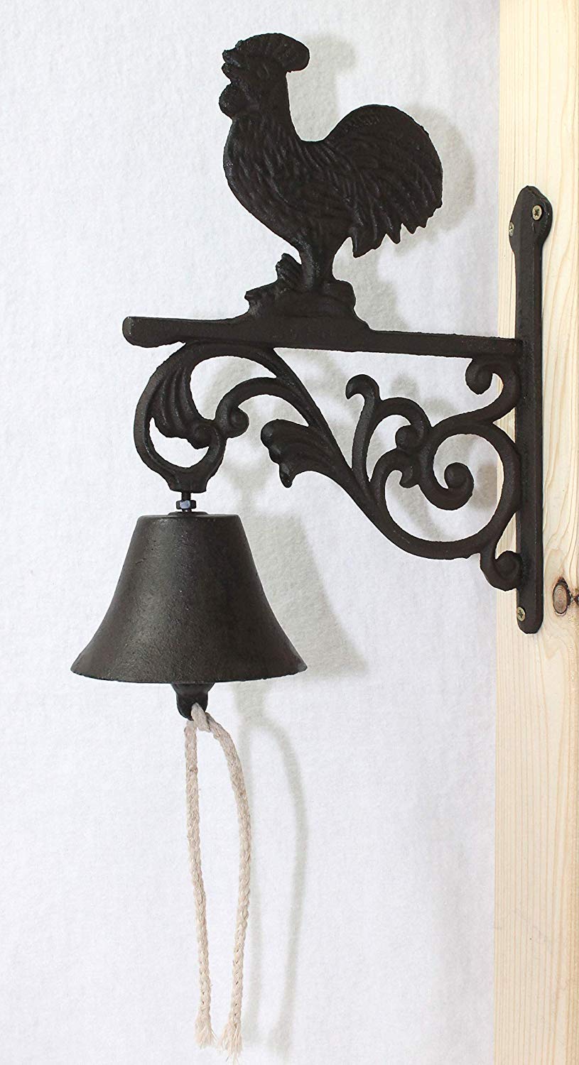 Glocke Gusseisen Hahn 28 cm Höhe Rustikal Braun Gartenglocke Wandglocke für Außenbereich