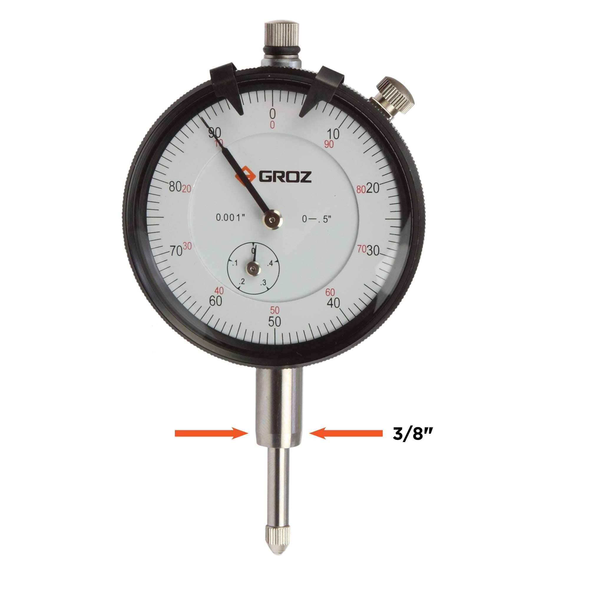 Groz Analog Dial Indicator with Lug-on Center Back | Range: 1/2 inch | Stem Diameter: 3/8 in | DLG/1-2 2