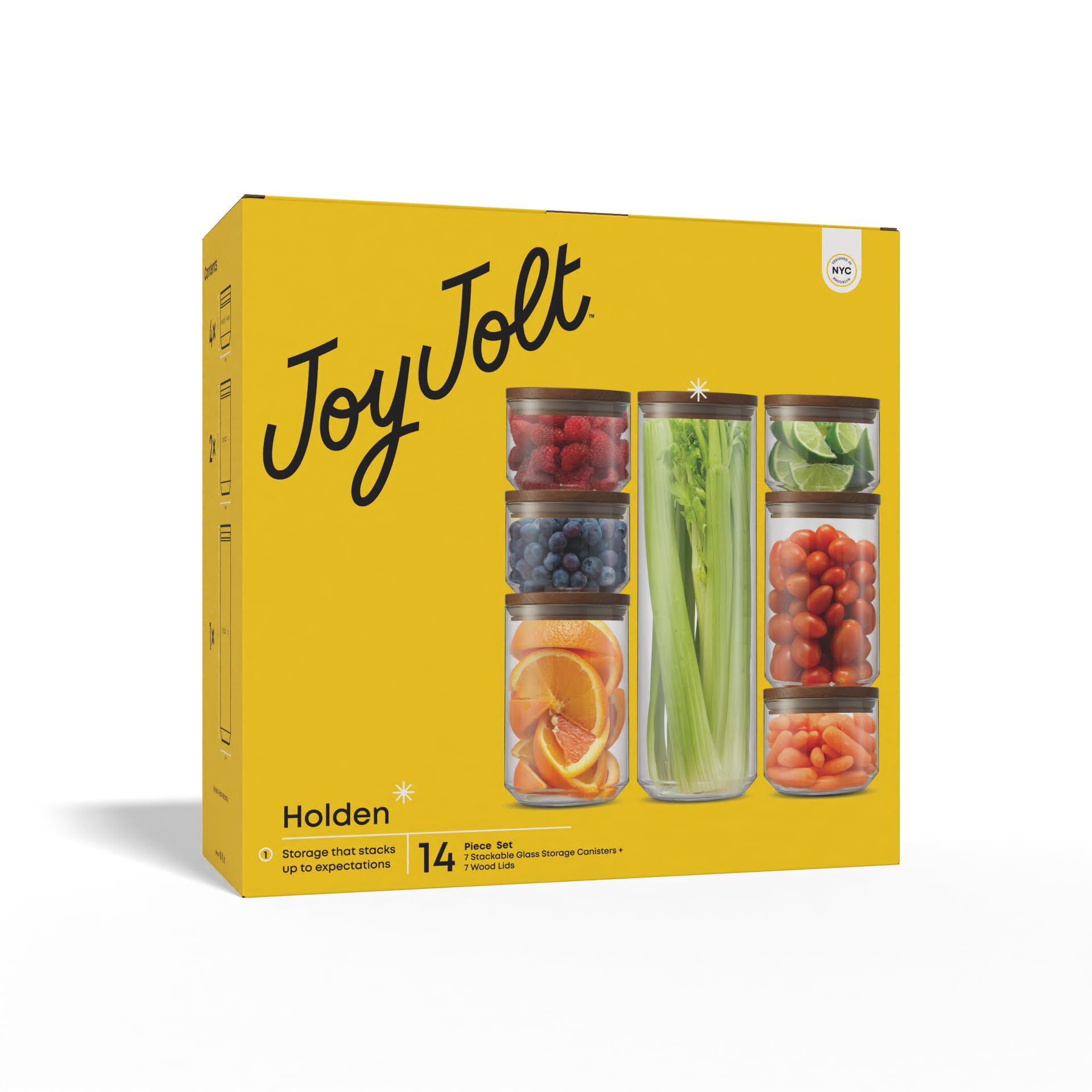 JoyJolt Holden - Set di 7 contenitori impilabili in vetro con coperchio, ermetici per alimenti, con coperchi in legno di acacia, contenitori rotondi impilabili e contenitori da cucina per pasta