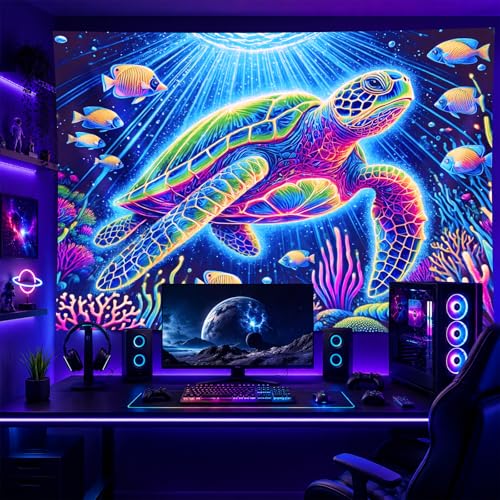 Image of BlissYard Blacklight Tapestry 78x59 Inch Trippy Sea Turtle Glow in the Dark UV Reactive Ocean Underwater Wall Hanging Neon Psychedelic Tapestry for Bedroom Dorm Room Decor Aesthetic Nautical Art