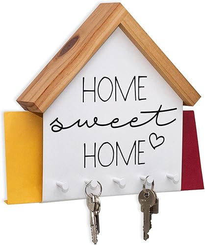 GEGUTON Llavero montado en la pared con 5 ganchos, organizador de madera blanca para decoración de entrada, pasillo u oficina