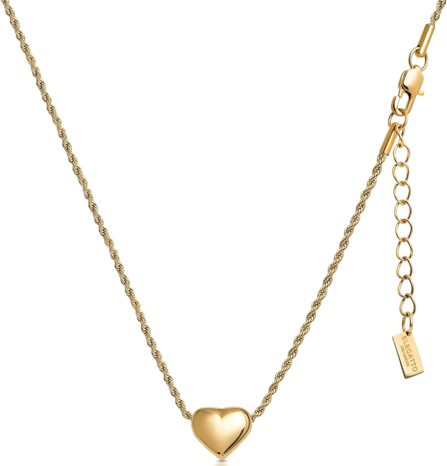 Elegatto Heart Pendant Premium 18K Gold Plated Necklace for Women | Polished Gold-Plated Stainless Steel Rope Chain with Heart Charm | Women’s Designer Jewelry Necklace