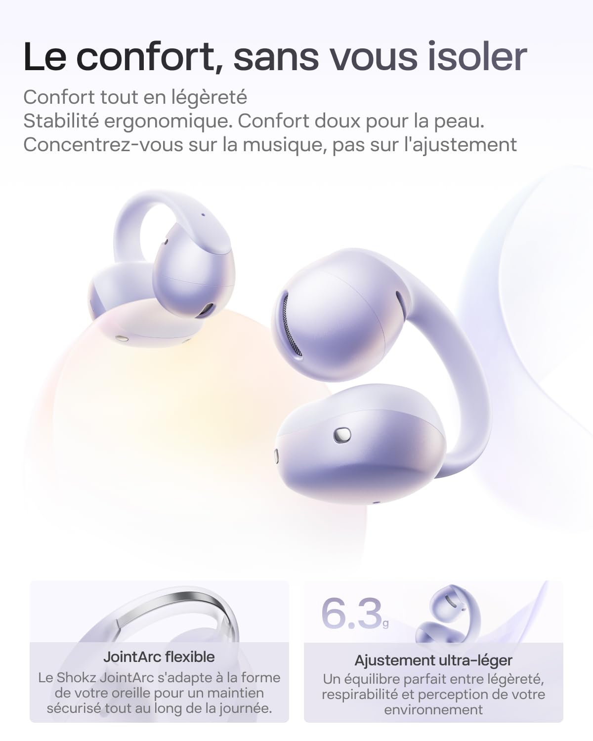 SHOKZ OpenDots Air Écouteurs sans Fil Clip-on à Oreilles Libres, 6,3 g, Maintien Sécurisé, Bluetooth 6.1, Basses Profondes, 36 h d'autonomie, Appels avec Réduction du Bruit par IA, IP55, Violet
