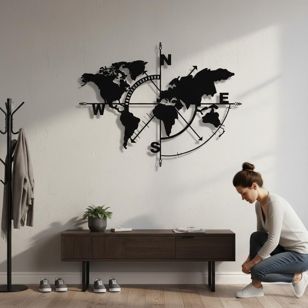 DEKADRON Metal Wall Art, World Map Compass, Metal Wall Decor, Metal Sign