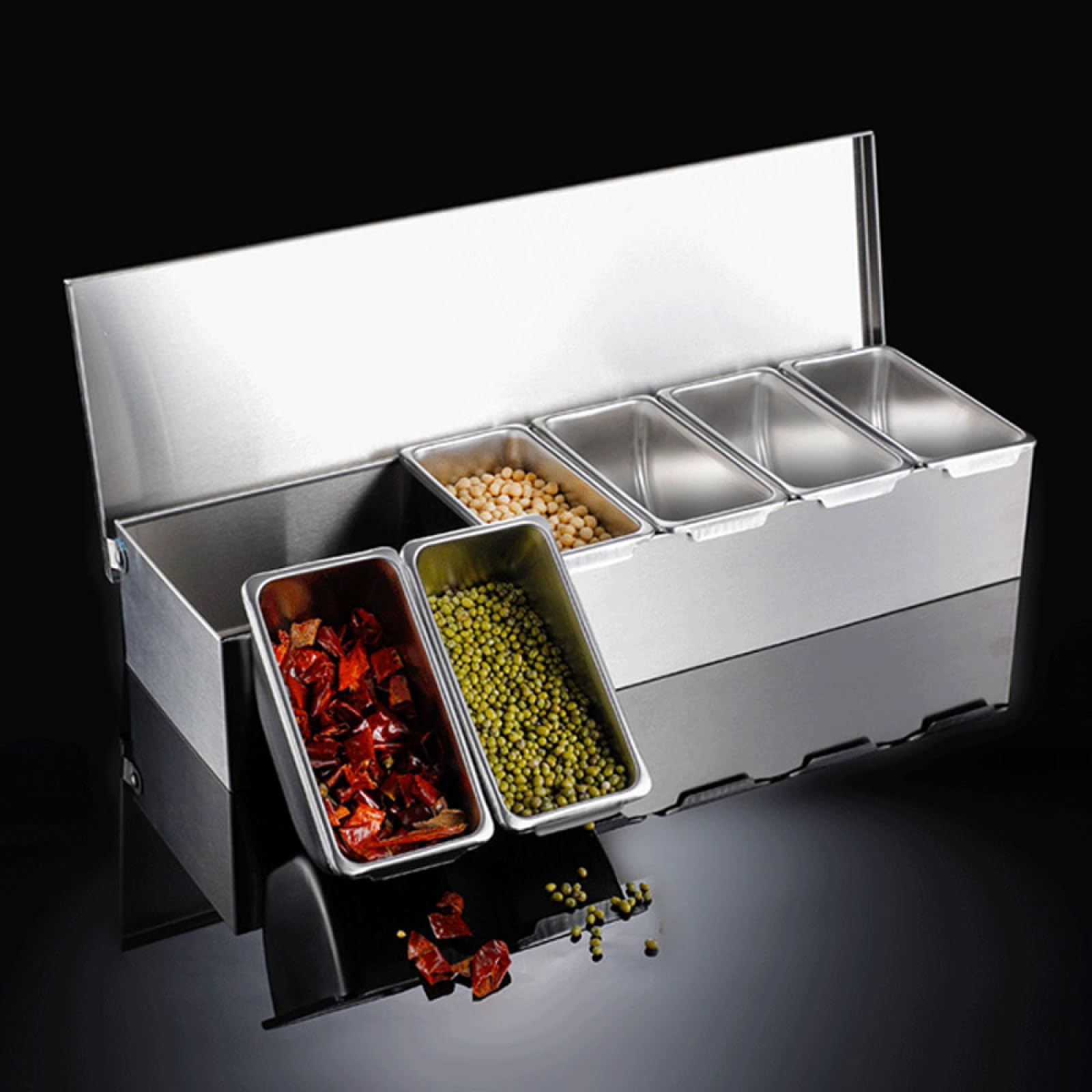 TAIMIKO Contenitore per ingredienti in acciaio inox, 6 griglie, contenitore per spezie, 45 x 14 x 8 cm, contenitore per barbecue con coperchio e griglia interna estraibile, portaspezie cucina