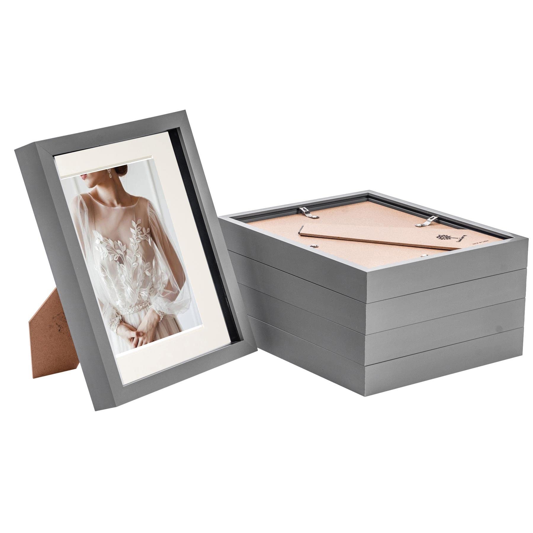Nicola Spring 3D Shadow Box Photo Frames - 8x10 (20x25cm) - Ivory 5x7 Mount (12x17cm) - Pack of 5 - Grey 3D Photo Frame Box Picture Frame Box Portrait Display Case for Crafts, Keepsakes