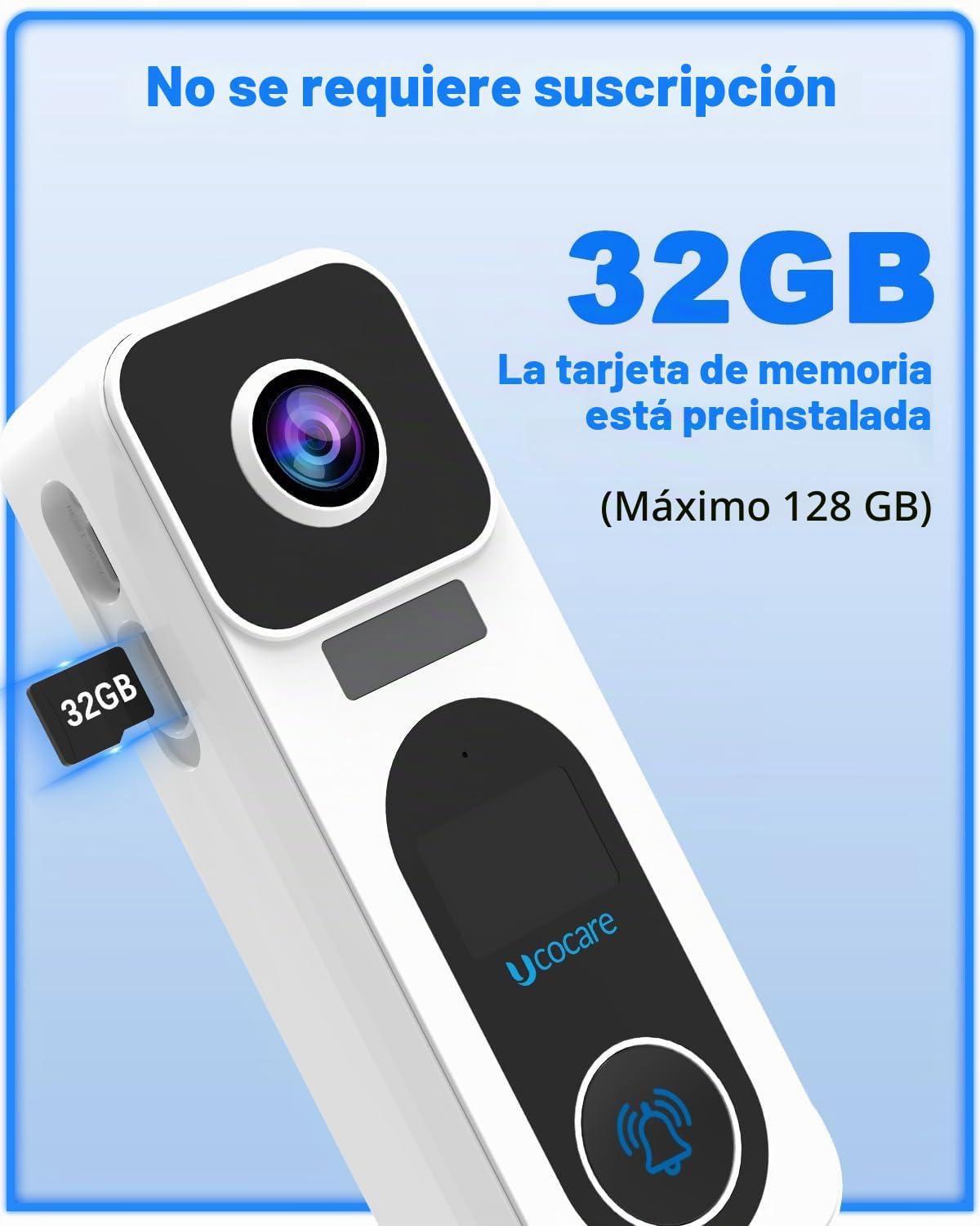 UCOCARE Timbre Inalámbrico con Cámara Exterior Impermeable, 4MP QHD WiFi Videoportero Timbre, Tarjeta de Memoria de 32 GB Incluida, Sin Tarifa de Suscripción Mensual, Detección Humana,Visión Nocturna