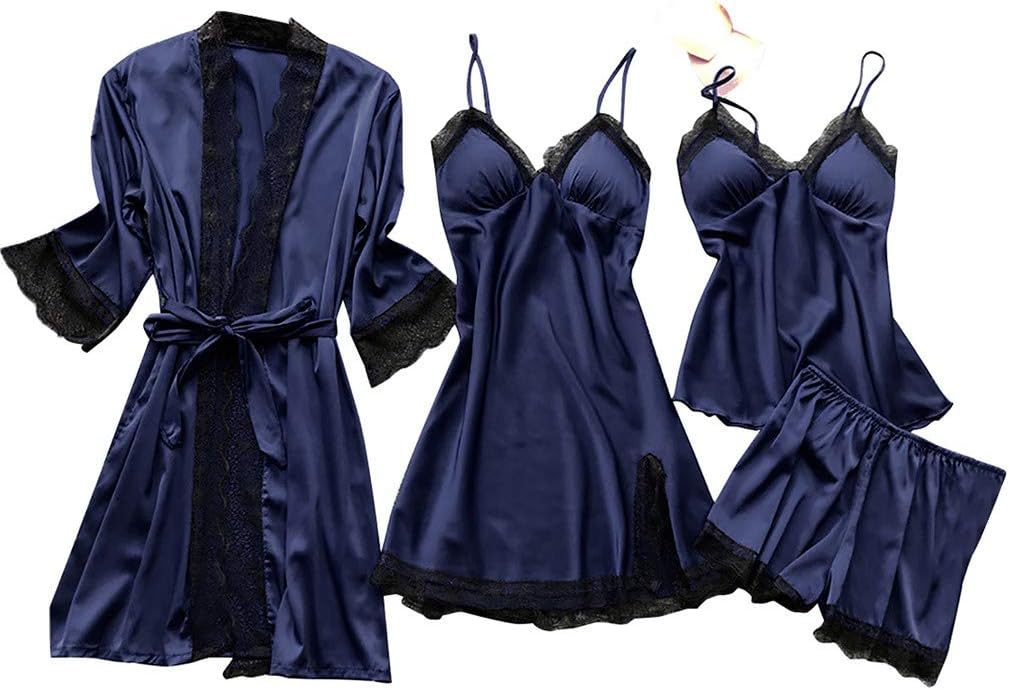 Maryia Women's Pajama Sets 4pcs Floral Lace Trim Satin Cami Sleepwear with Robe Babydoll Strap Halter Teddy Lingerie