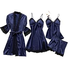 Lace Pajama Set With Robe Plus Size 4pcs Satin Nightgowns With Slit Silk Camisole Tops & Shorts Belted Matching Pjs