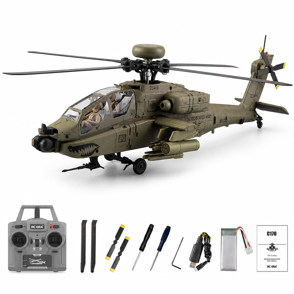 Elicottero radiocomandato C170 AH-64D, scala 1/48, 6 canali, senza spazzole, con sistema Flybarless, flusso ottico, TOF, mantenimento dell'altezza, elicottero radiocomandato per adulti