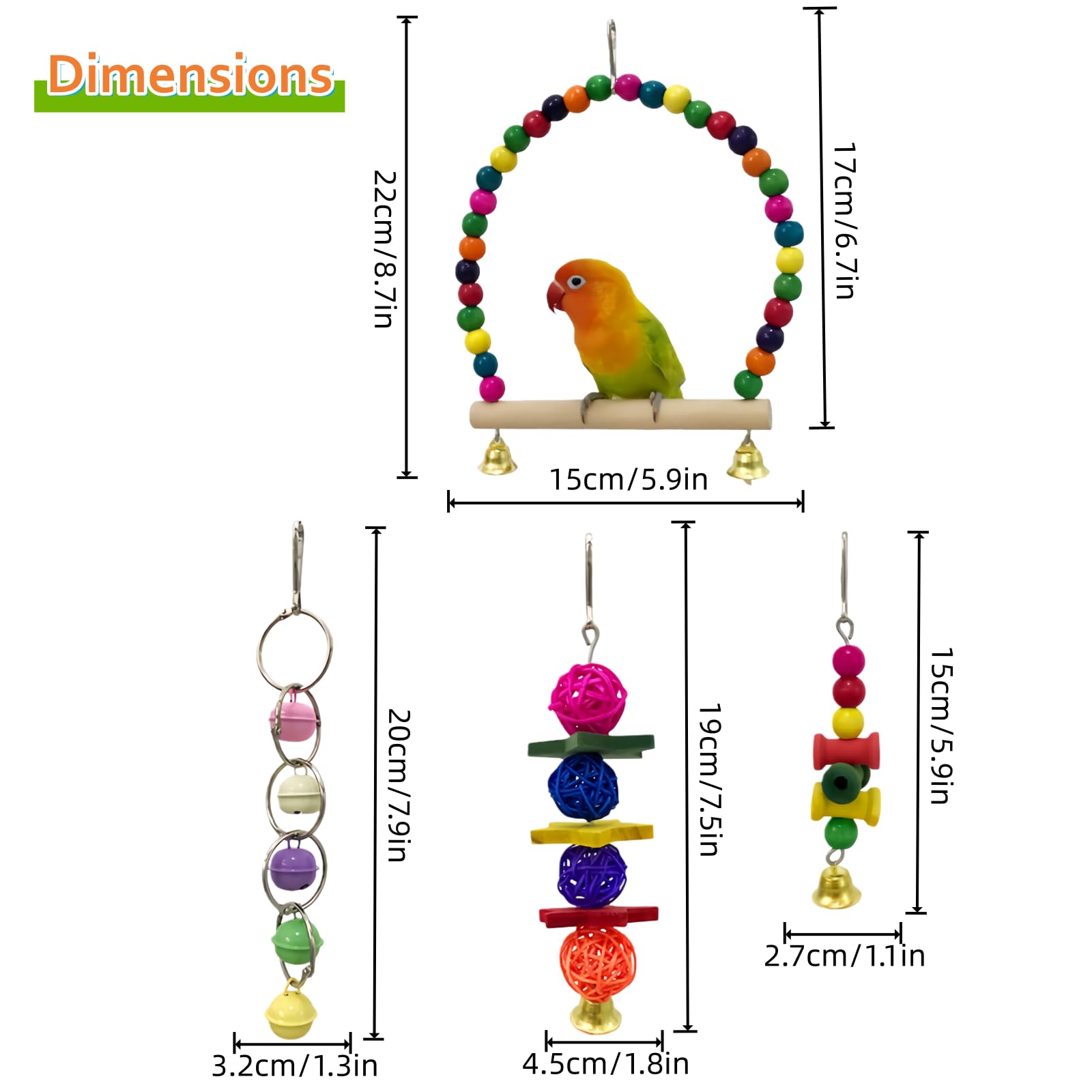 7 Packs Bird Toys for Parakeets, Colorful Parrot Toys with Swings, Bells, Beads, and Perches, Natural Wood Bird Cage Toys for Cockatiels, Lovebirds, Budgies, Conures, and Small Birds - image 6