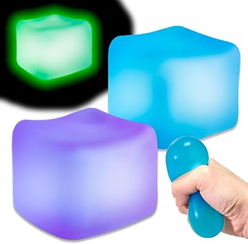 2 Pcs Glow in the Dark Stress Cube Toys Stress Ball for Adults Kids Squishy Fidget Toy with Super Solid Squeeze Sensory Toy Ice Cube Toy High Density Squeeze Ball Blue+Purple